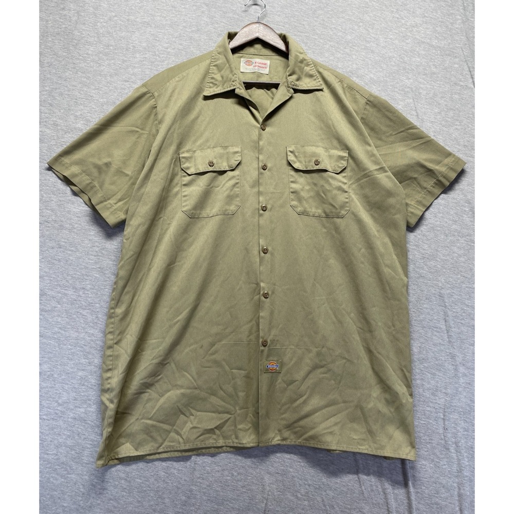 Vintage Dickies Authentic Workwear Shirt Mens XL Olive Green Logo Button Up